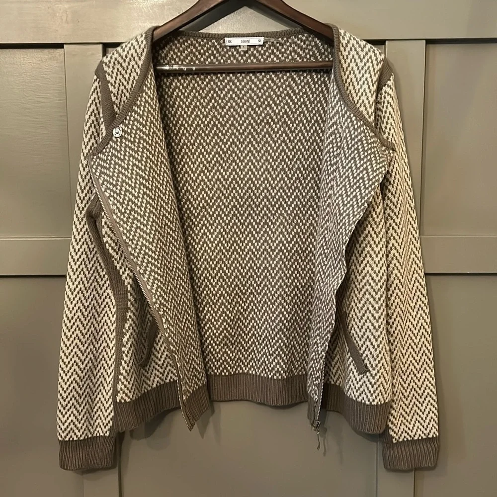 Sioni Chevron Wool Blend Sweater Asymmetric Full Zip Tan Brown Size Large
